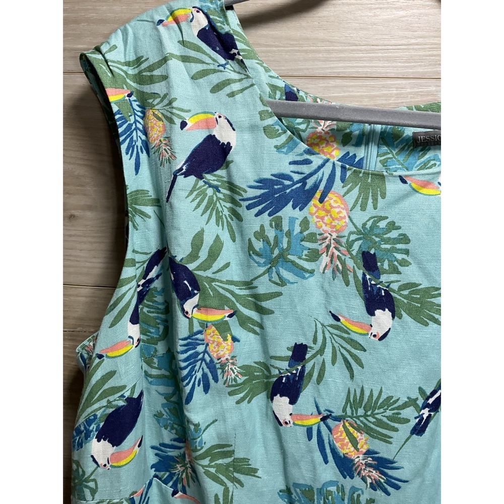 Jessica London 18W Linen Blend Dress Turquoise Floral Bird Print Lined - Picture 2 of 13